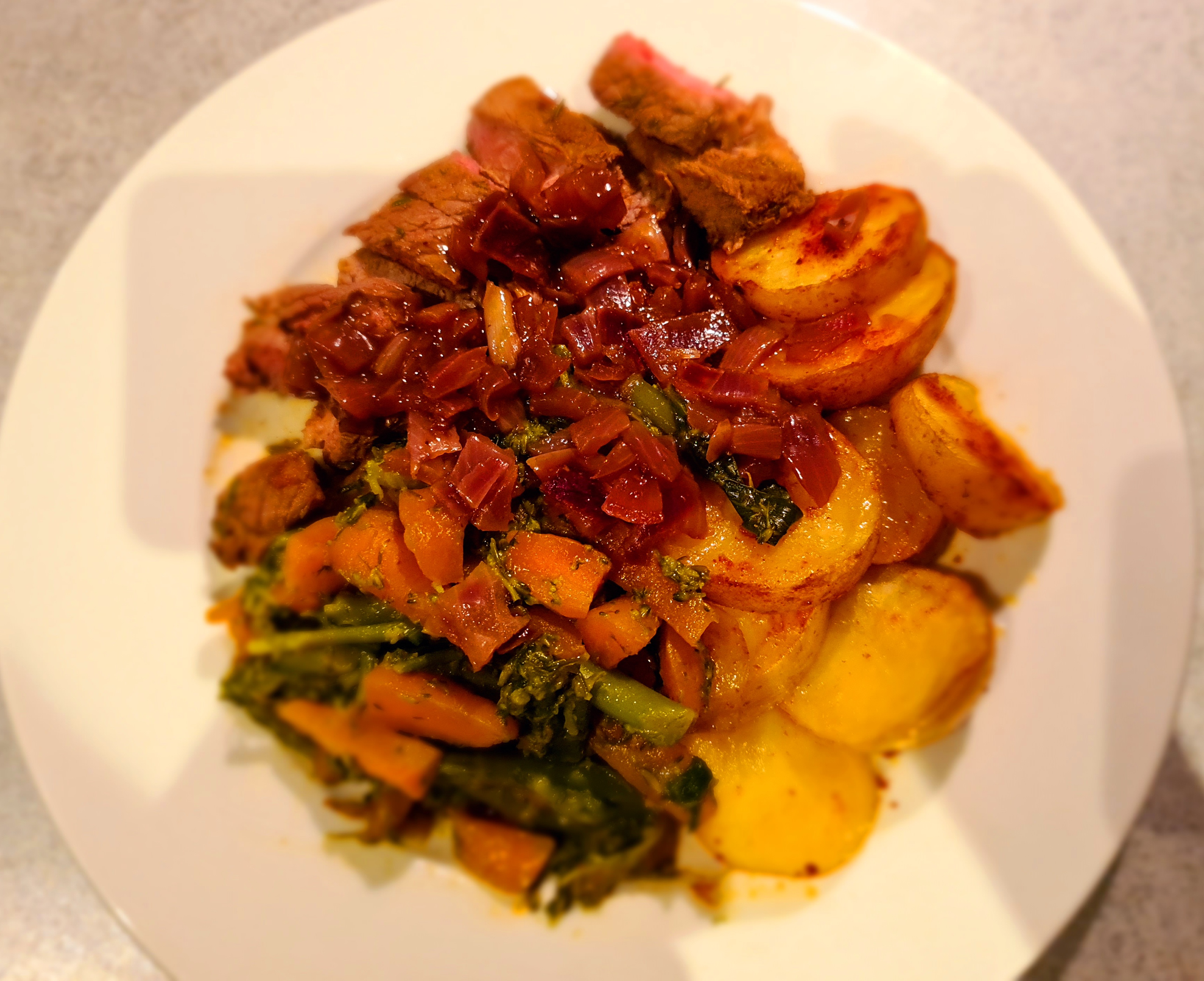 Rosemary and Garlic Lamb Steaks with Redwine Jus, Smashed Potatoes and Buttered Veggies
