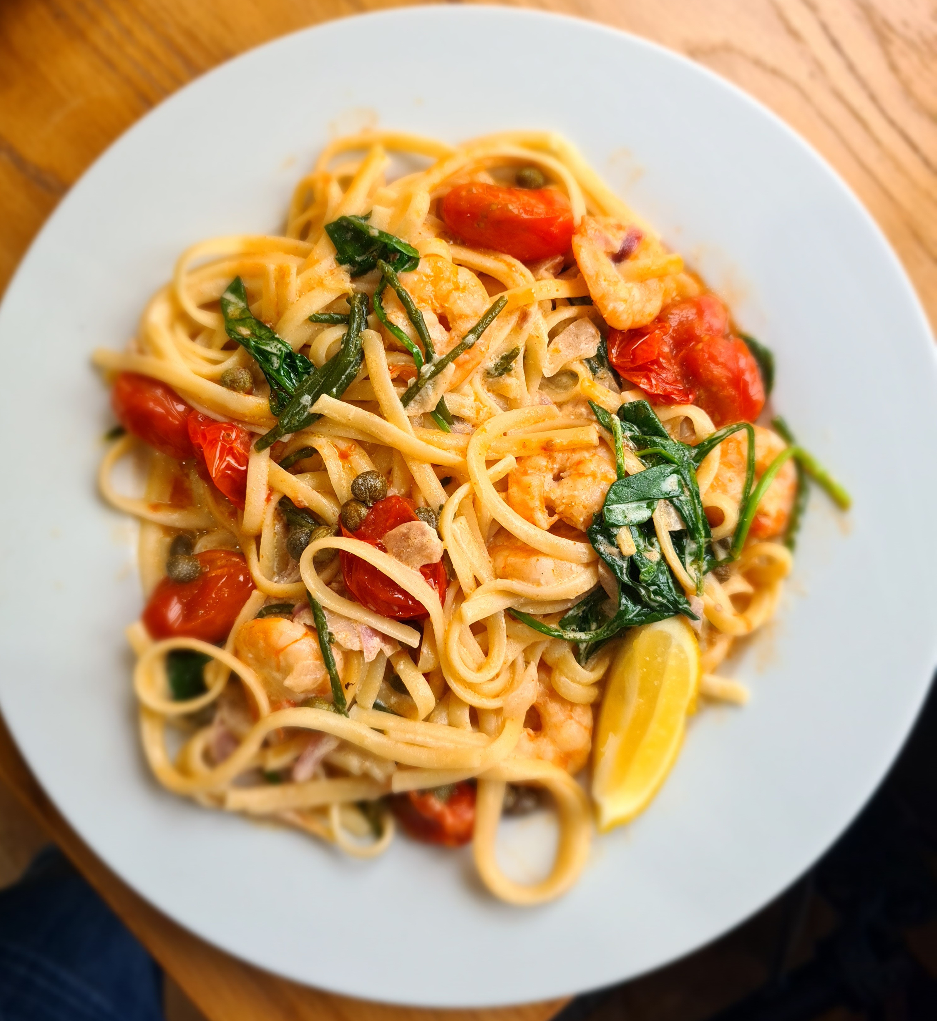 Creamy Lemon King Prawn Linguine with Samphire, Roasted Tomatoes, Spinach & Capers