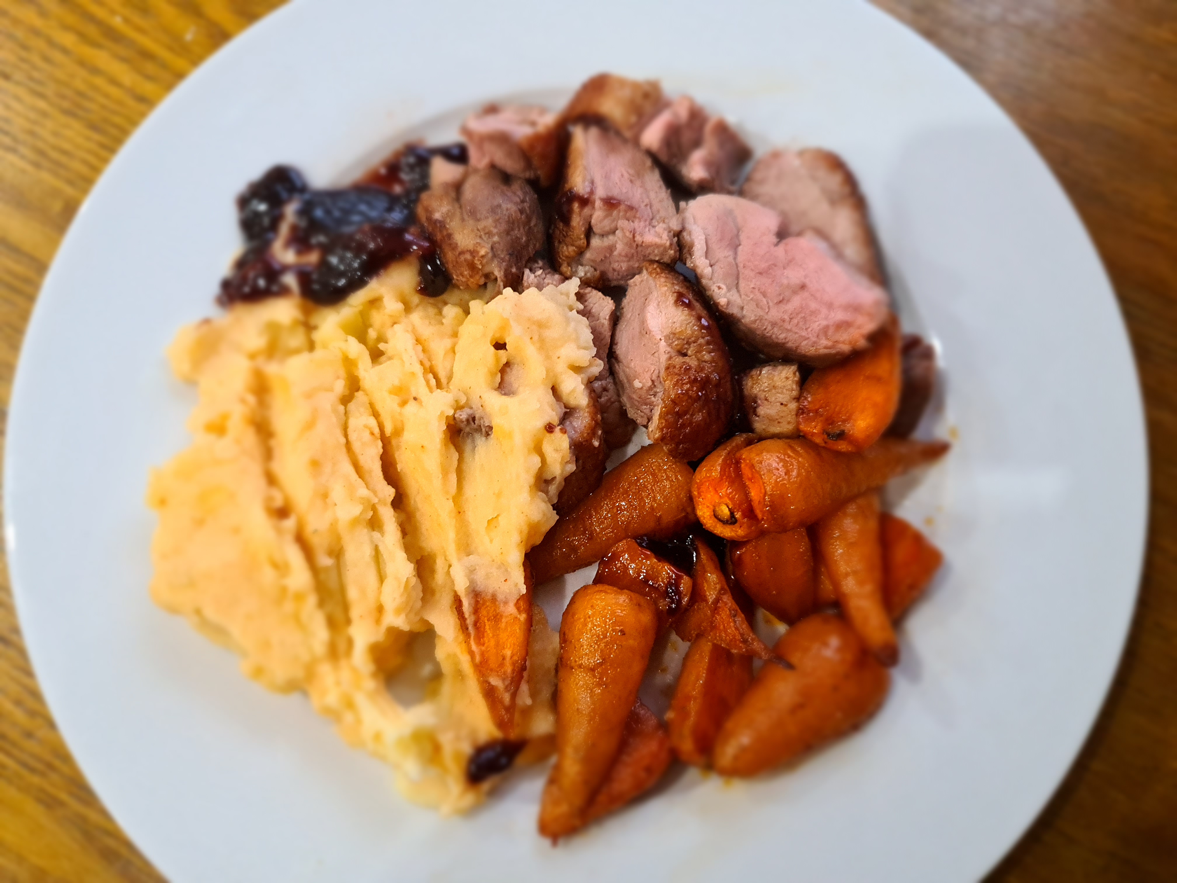 Roasted Duck Breast and Redcurrant Jus with Roasted Garlic Mash and Chantenay Carrots