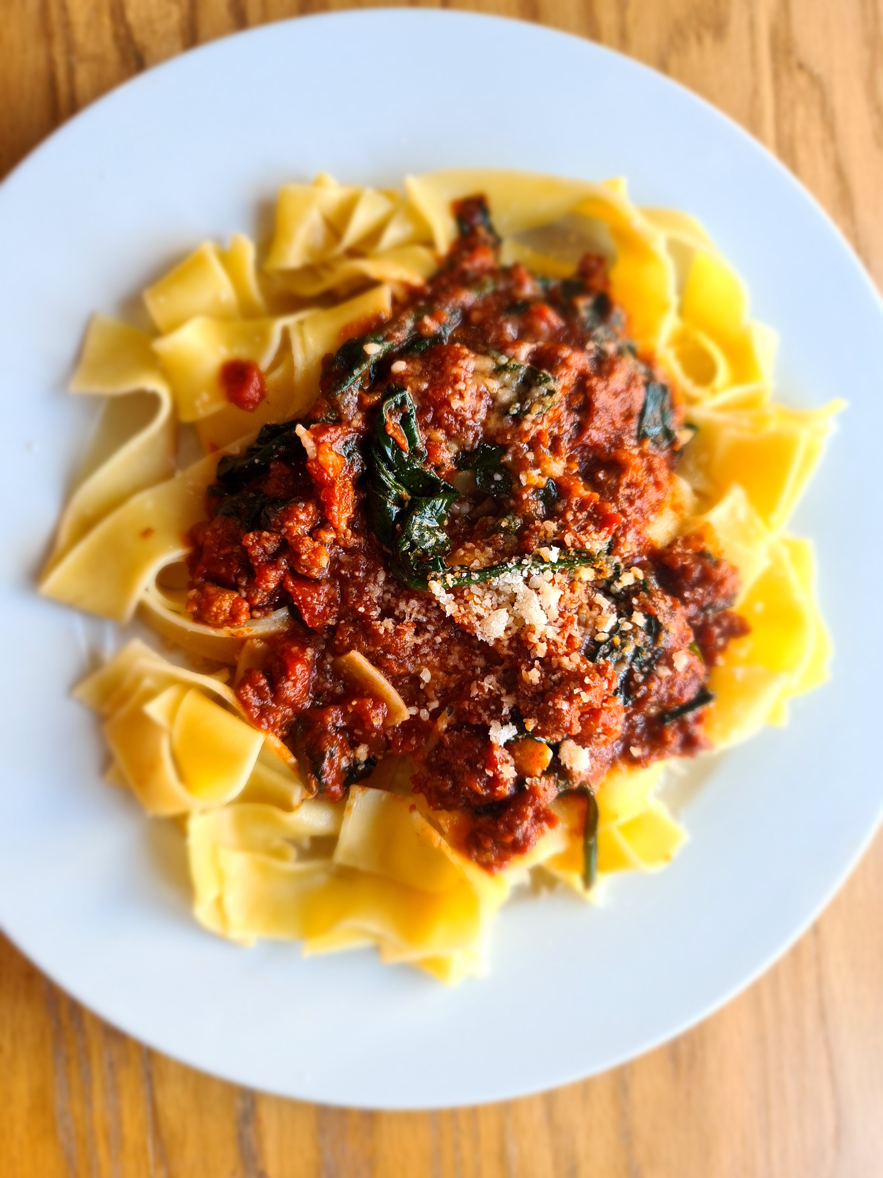 Porky Pappardelle with Spinach and Cheese